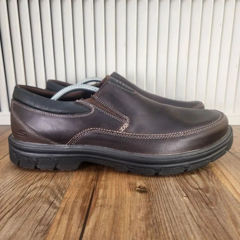 Skechers Segment The Search Mens Sz 11.5 Dark Brown Leather Loafers Shoes 64261